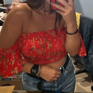 american eagle red crop top with flutter sleeves